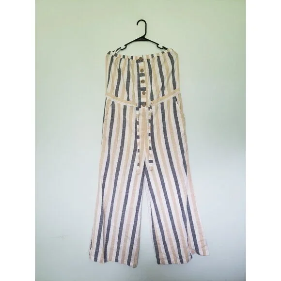 Blue Island Womens Sz L Jumpsuit Strapless Stripe Button Front Drawstring Tie - Picture 1 of 5